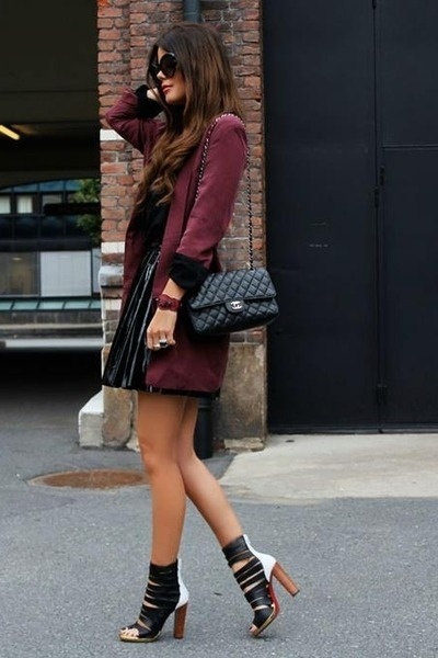 oxblood blazer and pleated skirt
